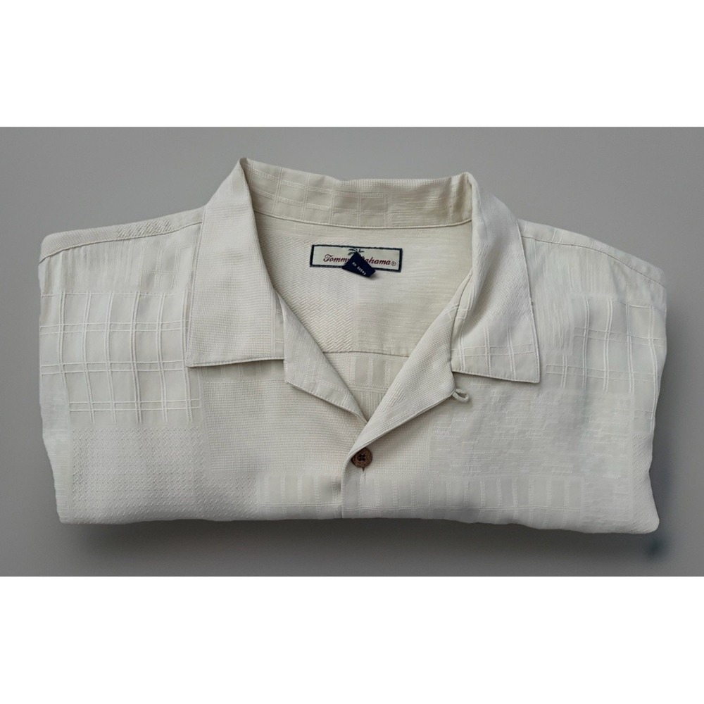 Tommy Bahama Vintage Hawaiian Short Sleeve Shirt Silk Wood Buttons Beige XL JBHS - Picture 7 of 9
